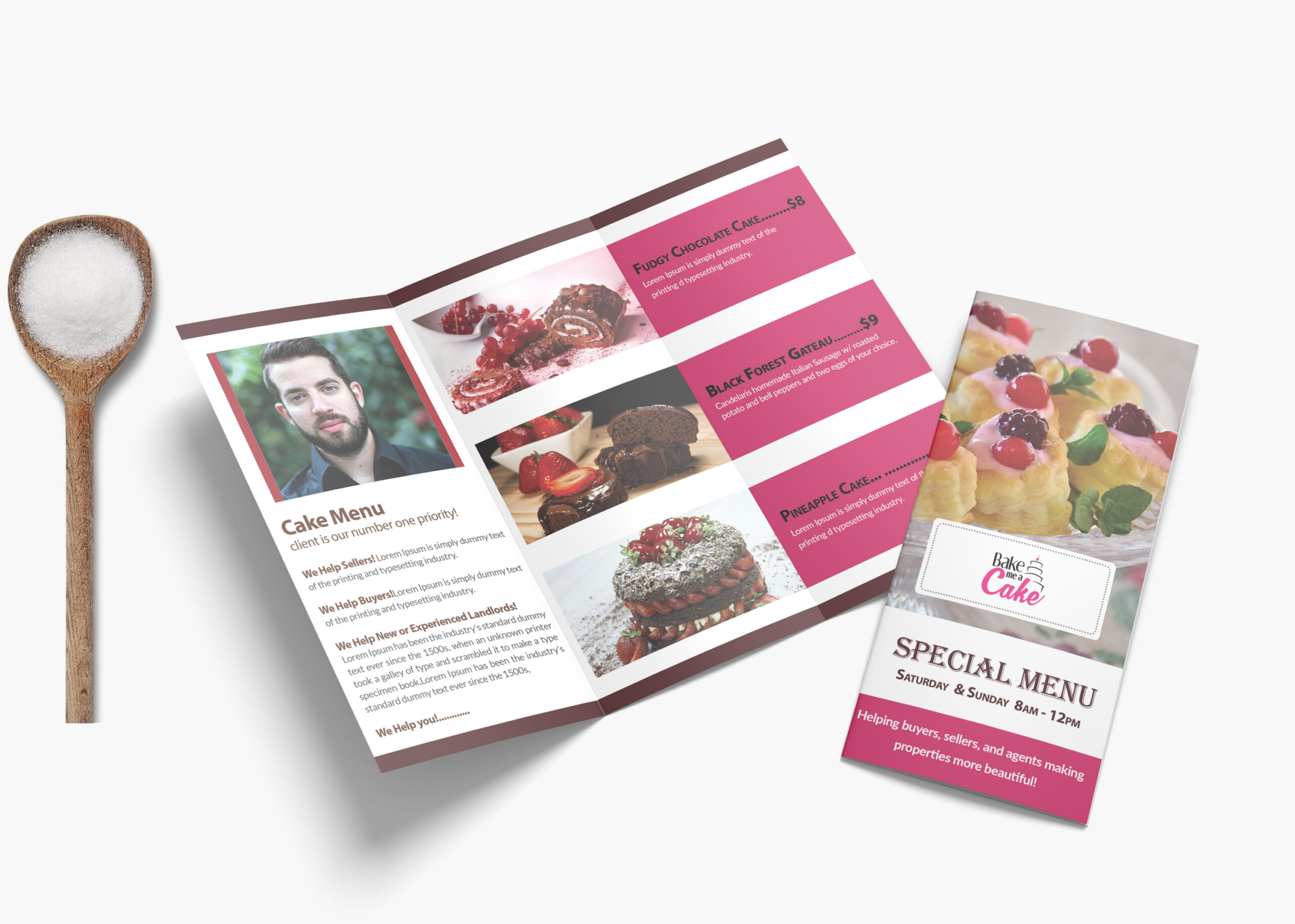 A tri-fold cake menu showcases various desserts with colorful images and descriptions, alongside a wooden spoon and salt
