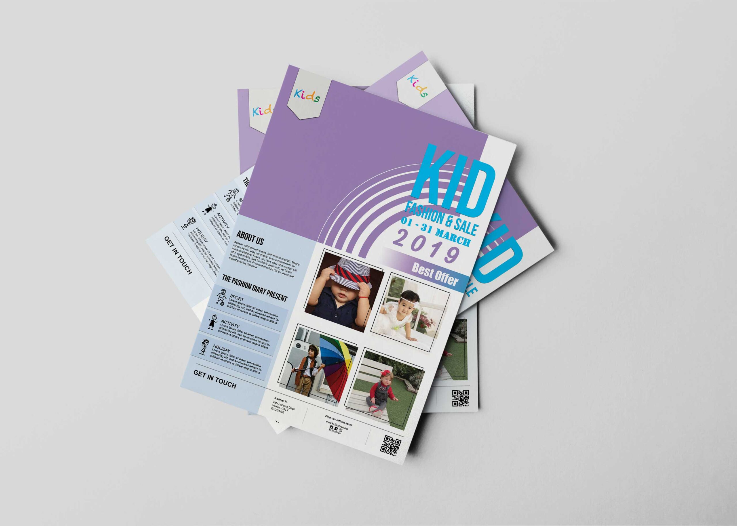 Colorful flyers promoting a kids' clothing sale, featuring images of children and details about the event.