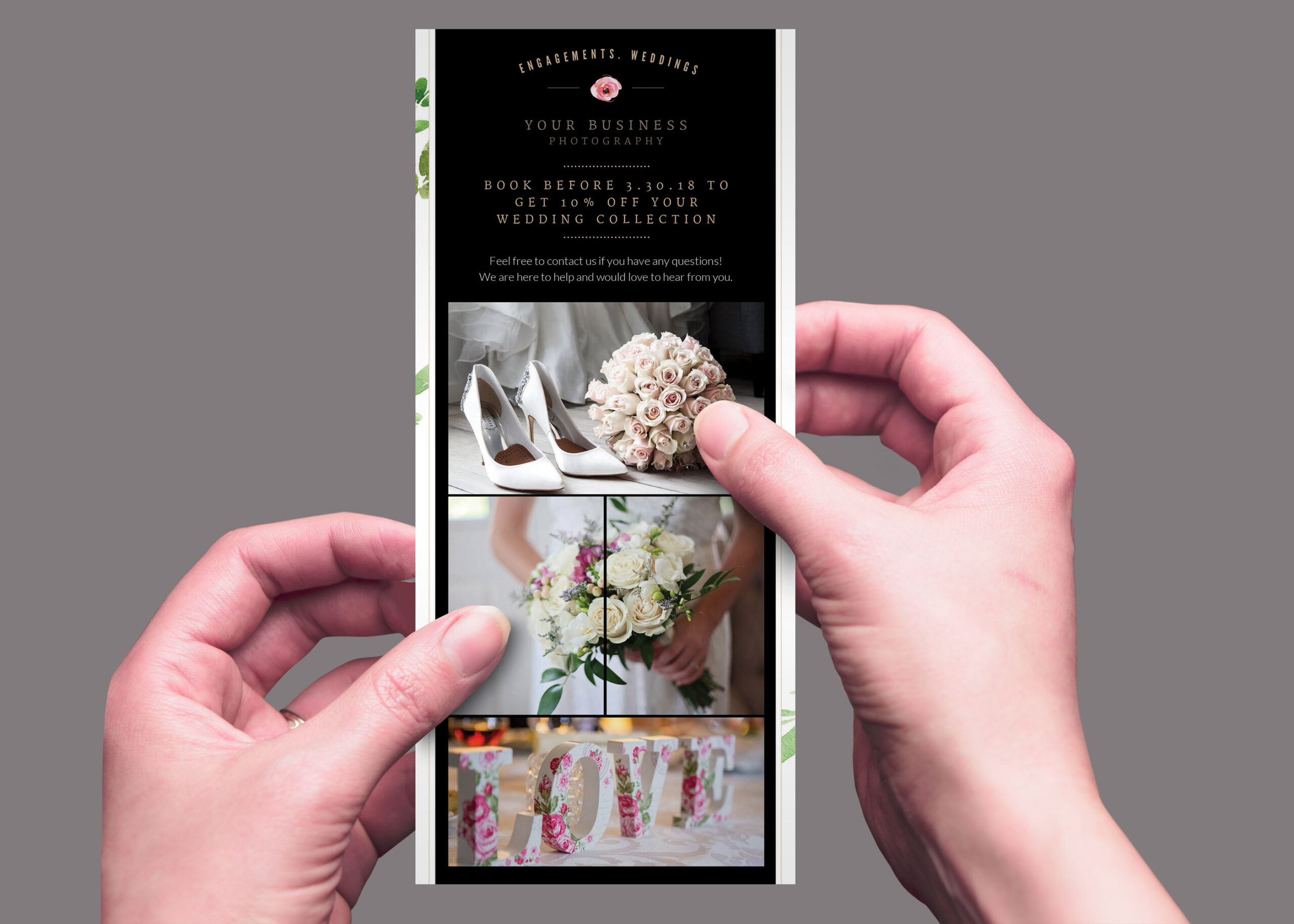A person holds a wedding rack card featuring images of bridal shoes, a bouquet, and decorative "LOVE" letters.