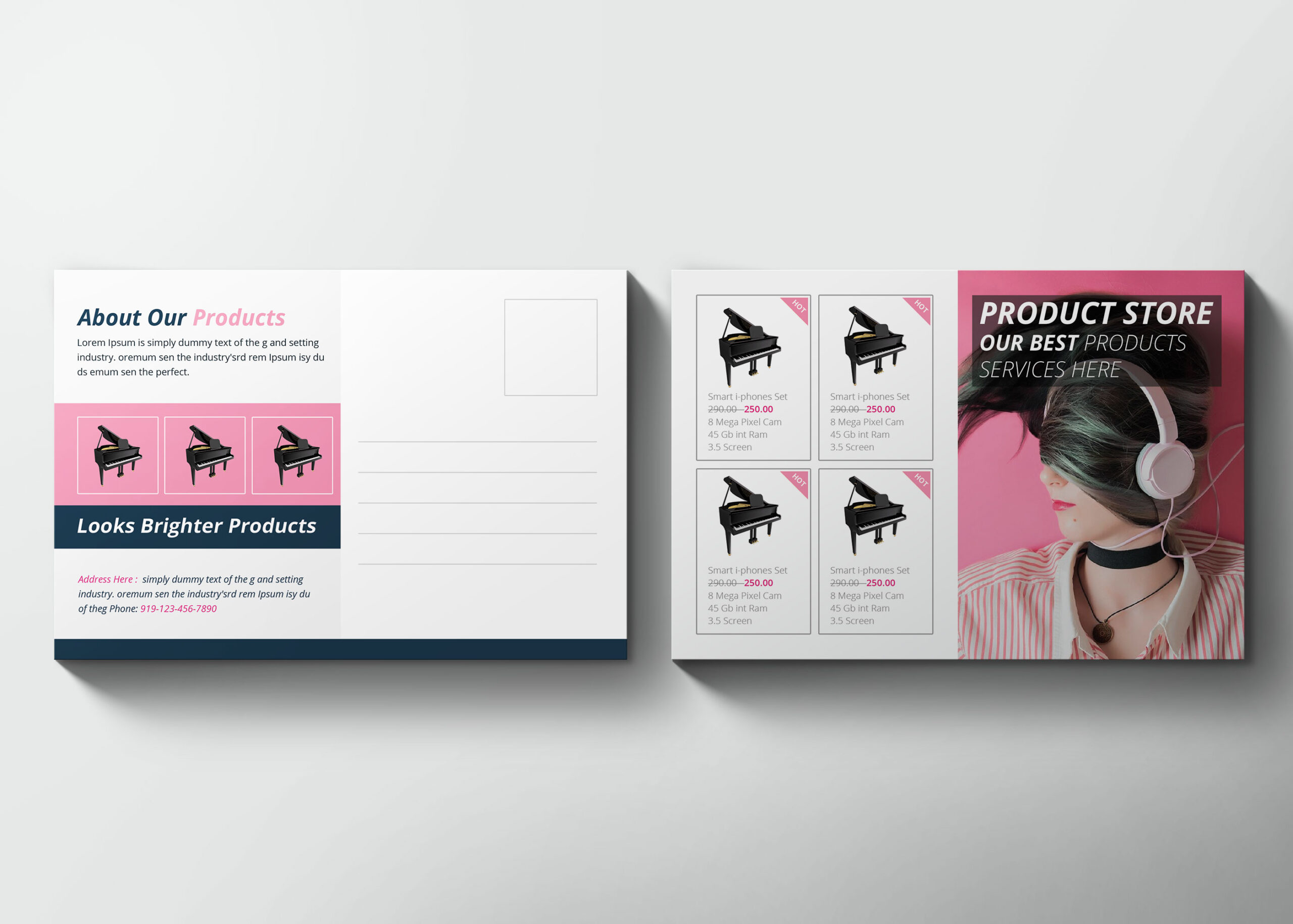 A postcard design featuring piano images, product details, and a woman wearing headphones against a pink background.