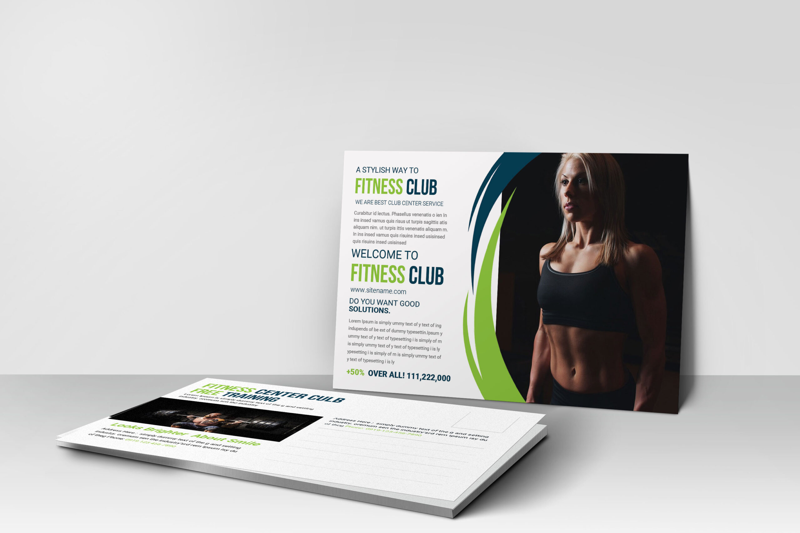 A fitness club postcard design featuring a fit woman in a black sports bra and vibrant green and blue graphics.