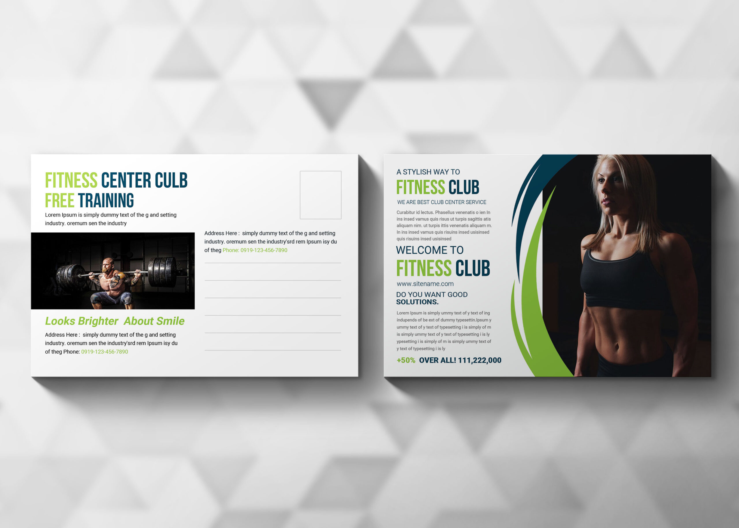 A postcard promoting a fitness club, featuring a muscular man lifting weights and a fit woman in workout attire.