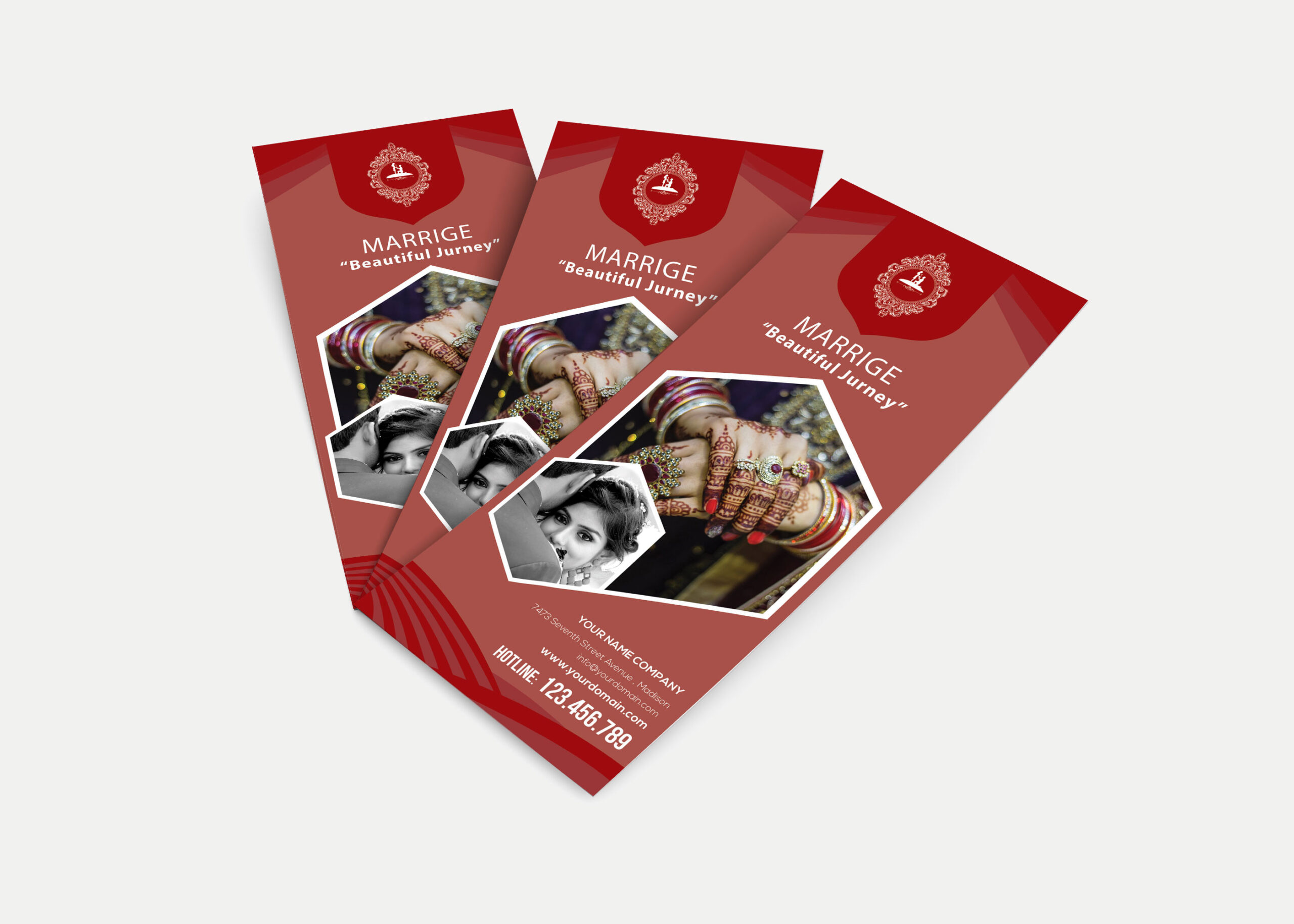 Three red wedding planner rack cards feature images of a bride's hands adorned with colorful bangles and a couple's port