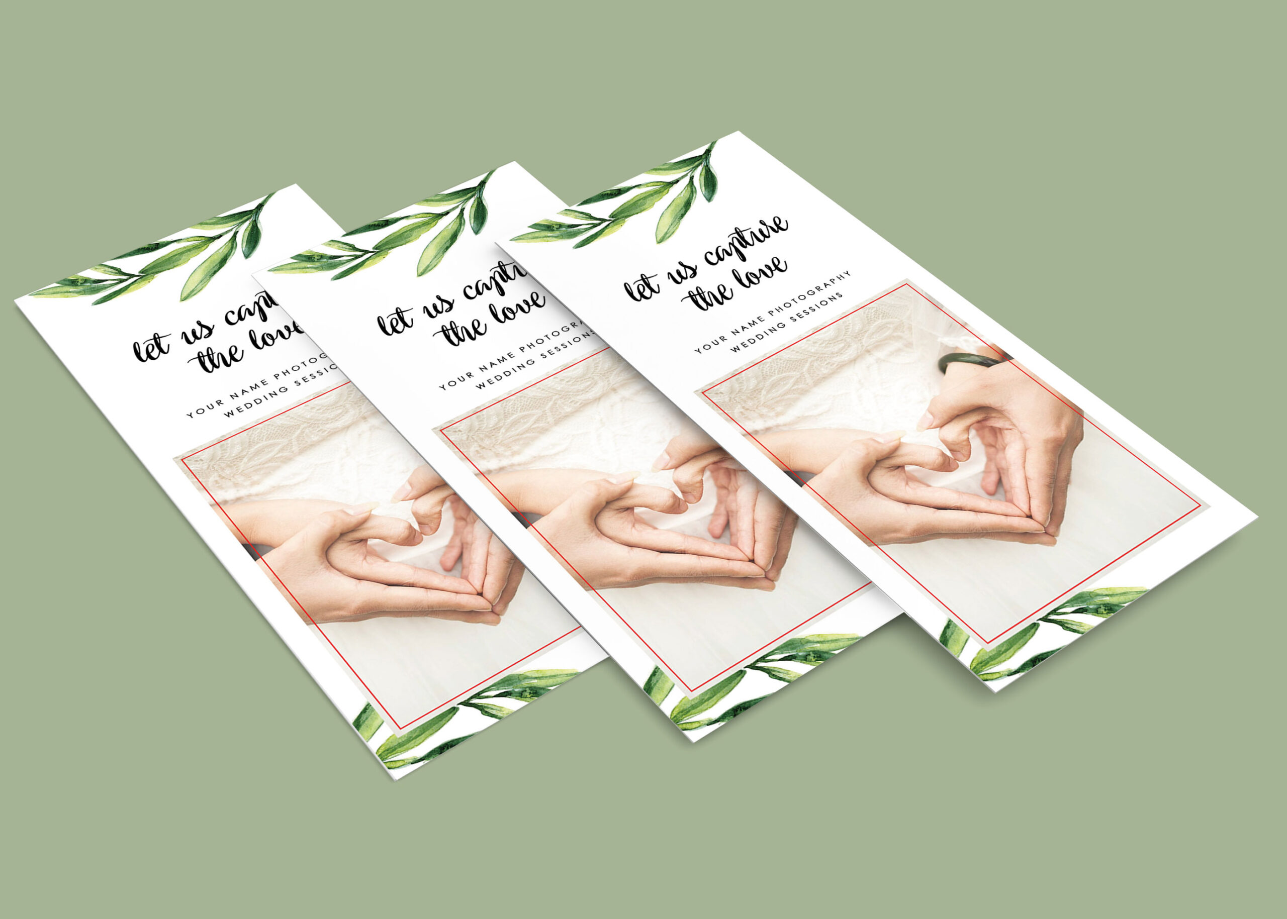 Three rack cards feature hands forming a heart shape, surrounded by greenery, with text inviting event planning services