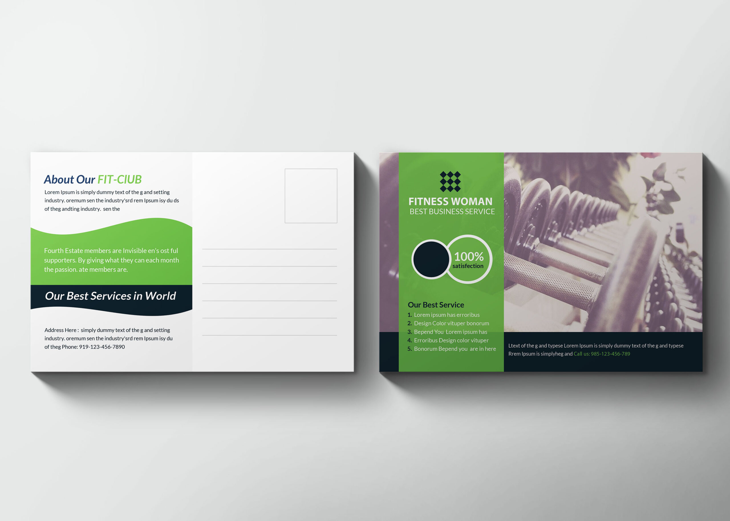 A fitness postcard featuring a green and black design with weights, highlighting services for women at a fitness club.