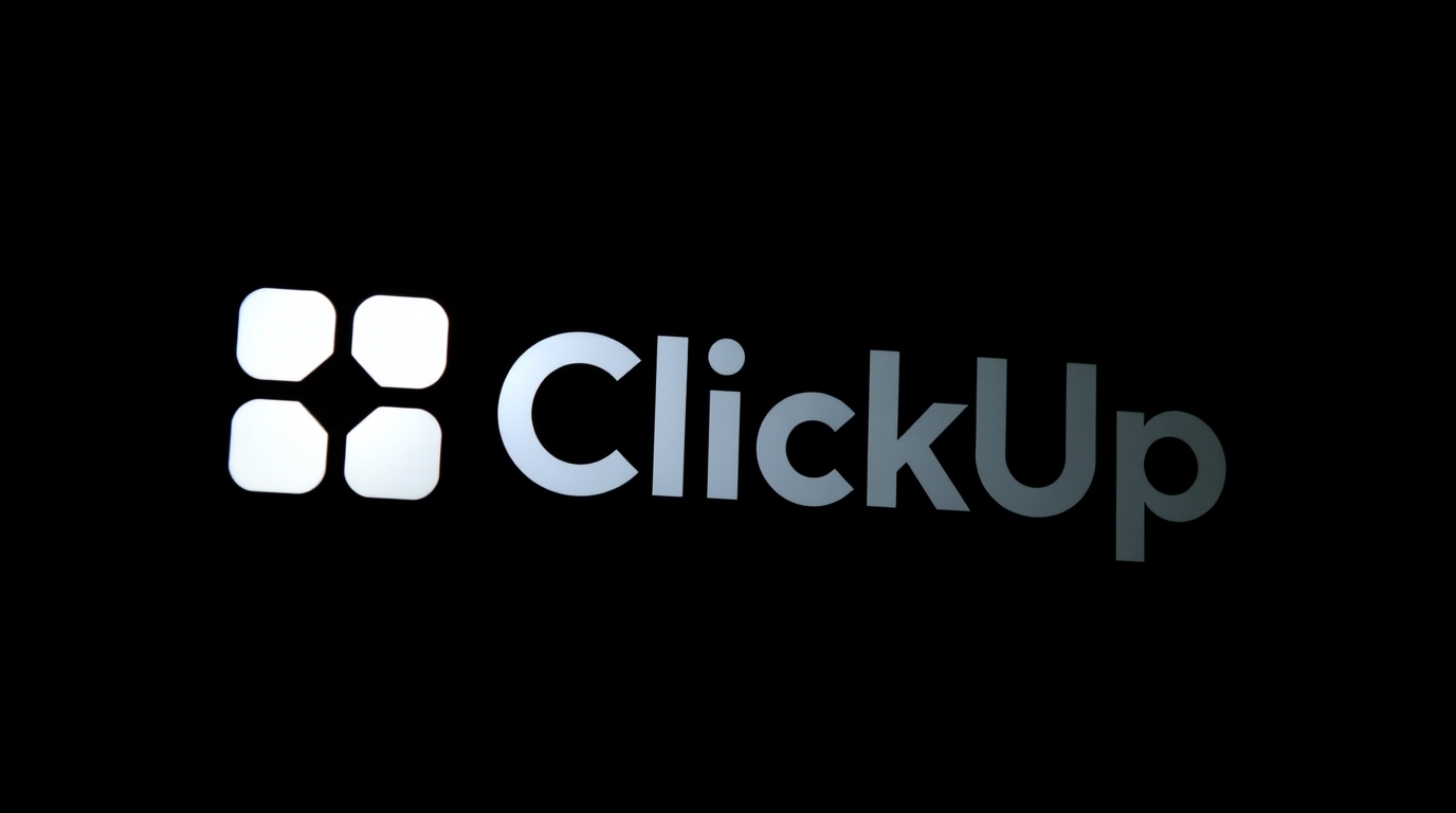 The ClickUp logo features a stylized design with four squares and the word "ClickUp" in light gray against a black backg