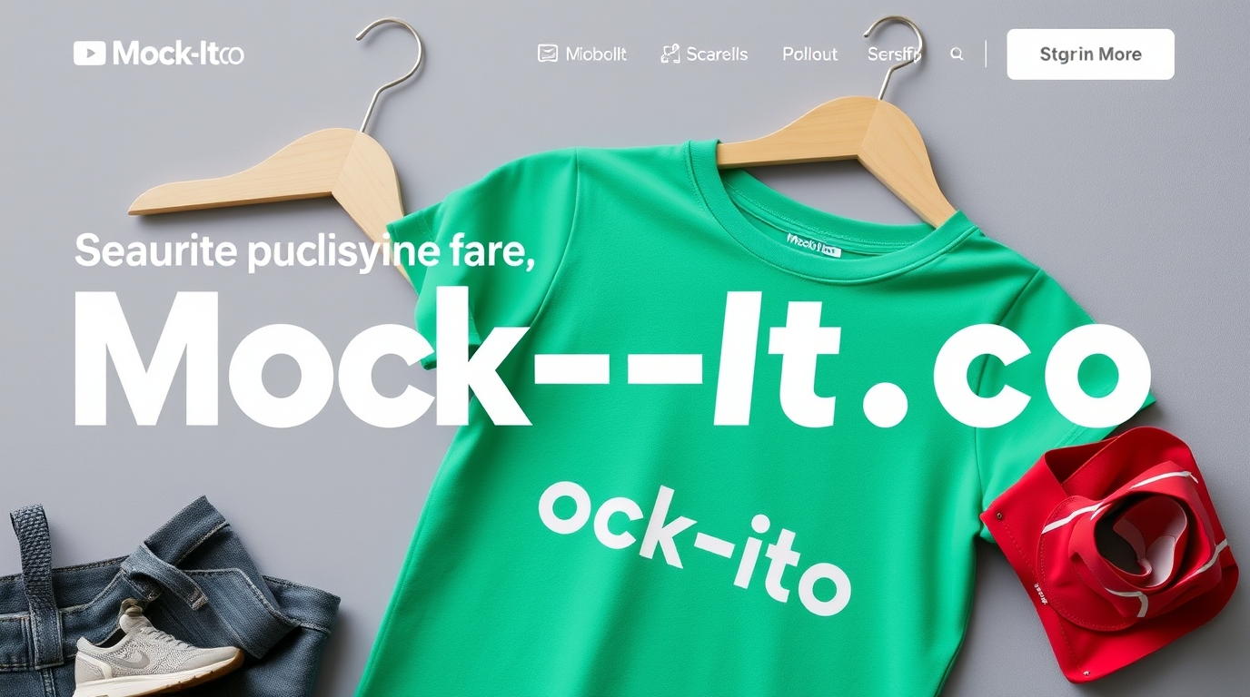 A bright green t-shirt hangs on a wooden hanger, accompanied by denim jeans and a red accessory, with promotional text a