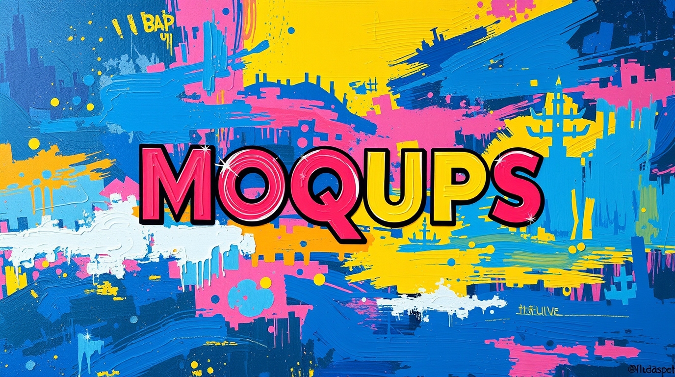 Bold "MOQUPS" text in black and pink stands out against a vibrant blue and yellow abstract background with splashes of c