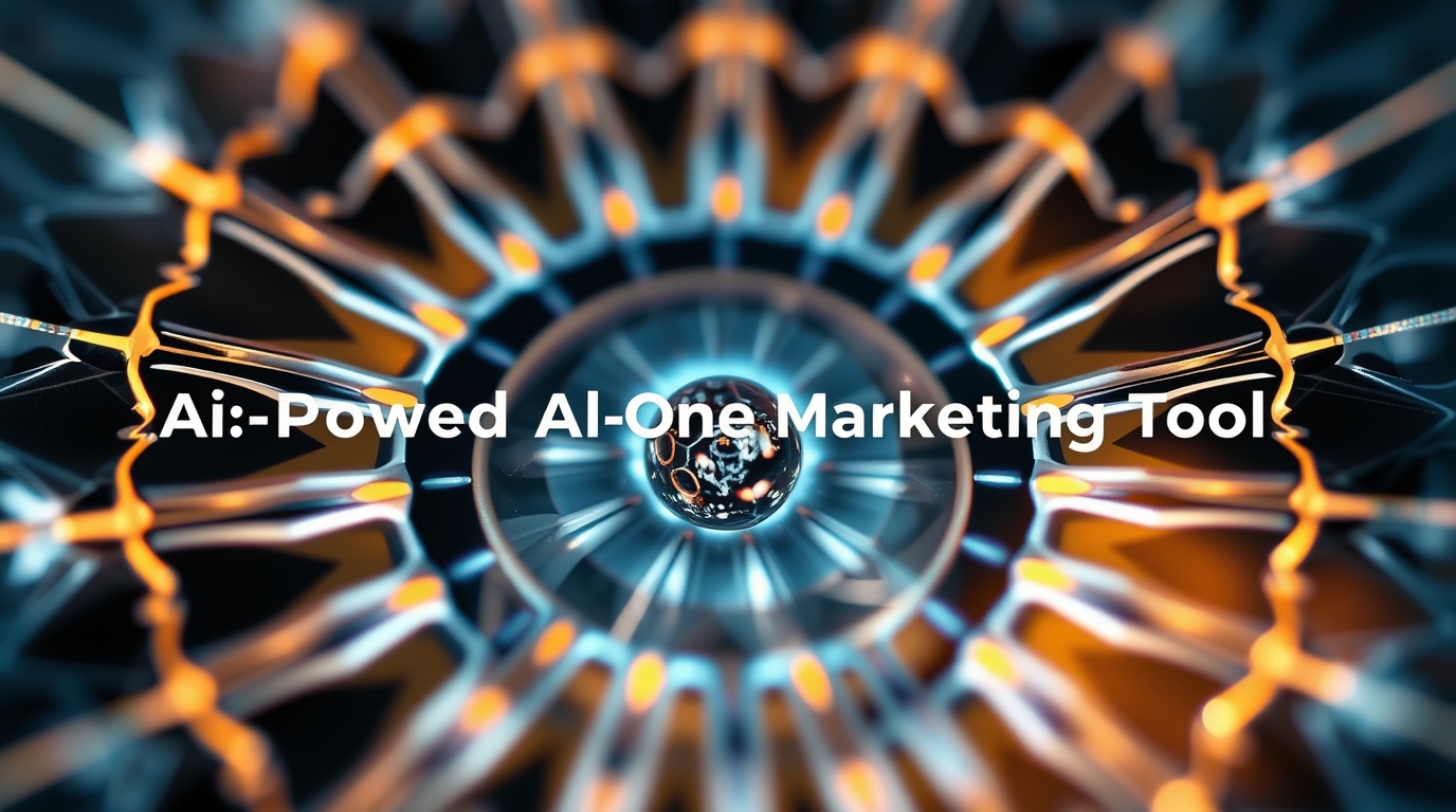 A futuristic, circular design with metallic textures and glowing orange accents, featuring text about an AI marketing to