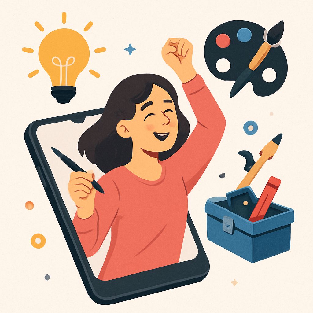 A joyful girl with dark hair holds a pen, emerging from a smartphone, surrounded by art supplies and a lightbulb.