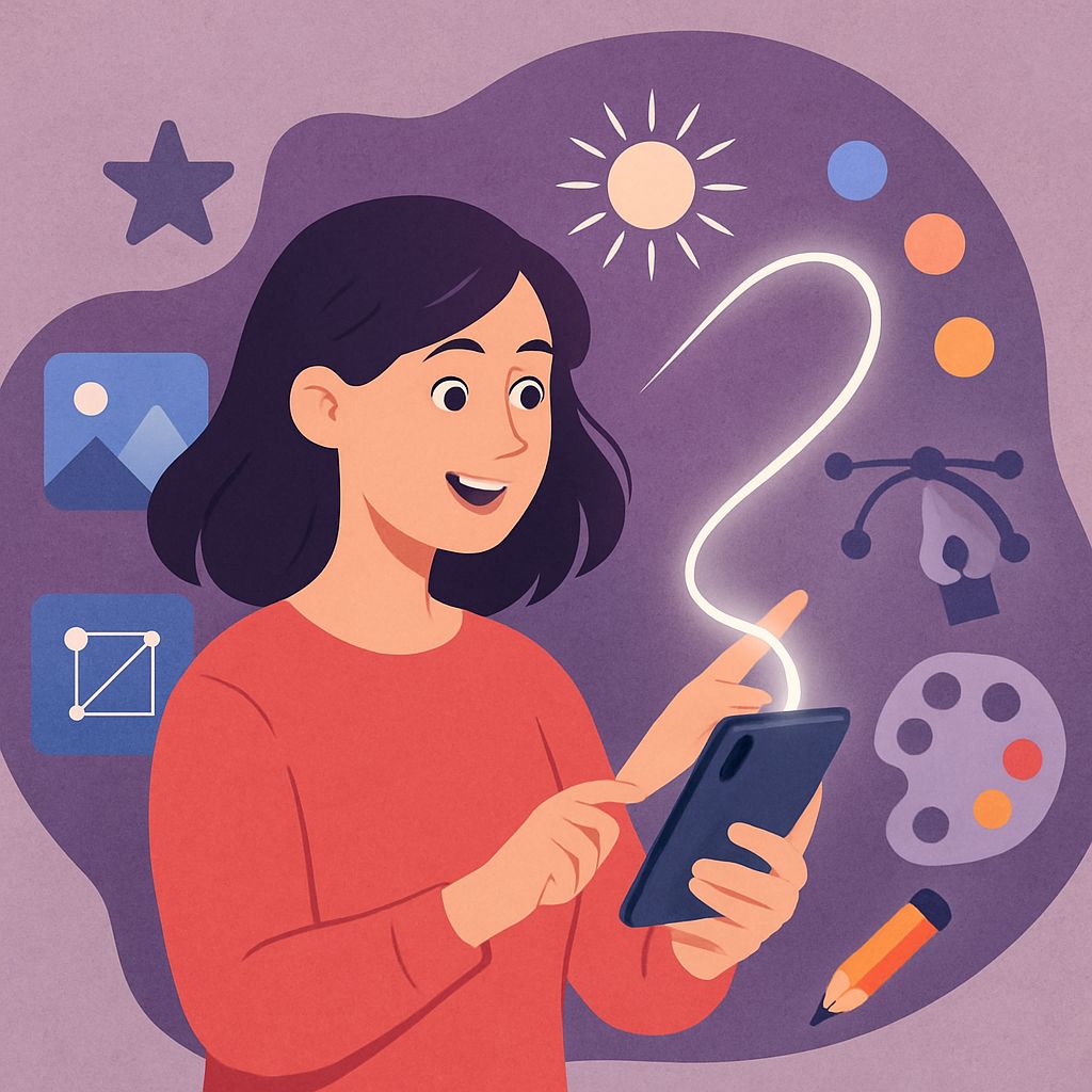 A young woman with dark hair smiles while using a smartphone, surrounded by colorful graphic design icons.