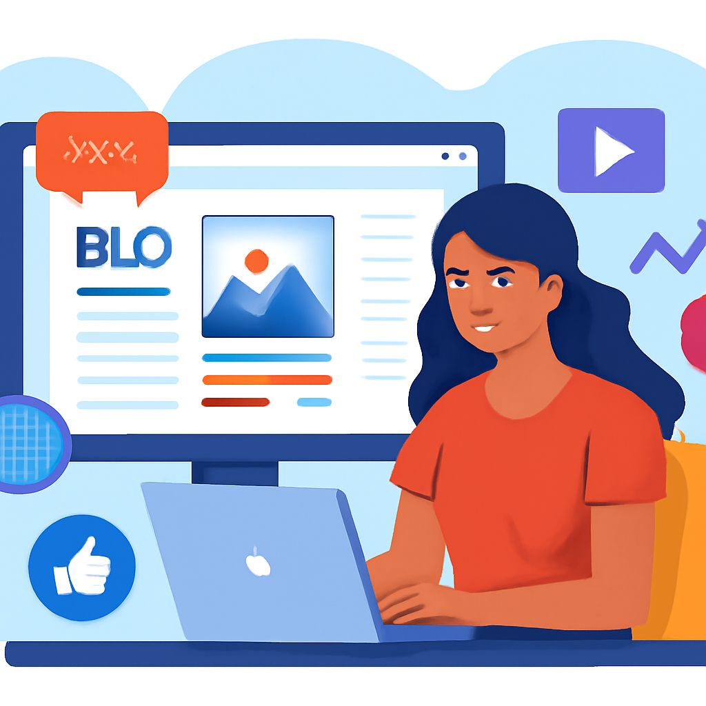 A woman with long dark hair sits at a laptop, focused on a screen displaying a website with an image and various icons.