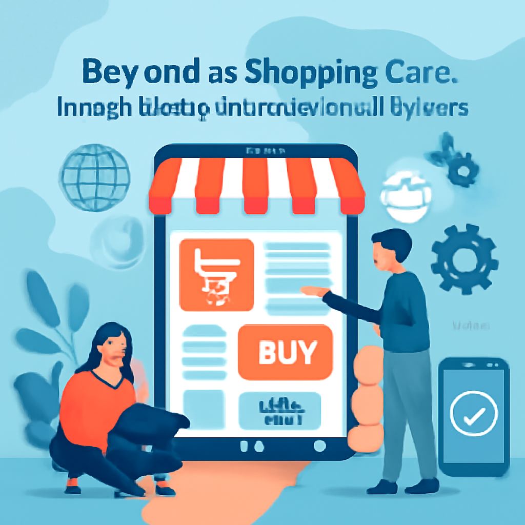 A man points at a smartphone displaying a shopping app, while a woman crouches beside him, surrounded by icons and graph