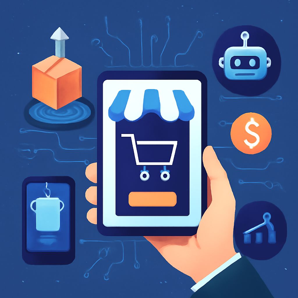 A hand holds a smartphone displaying a shopping cart icon, surrounded by icons of a package, a robot, and a dollar sign.