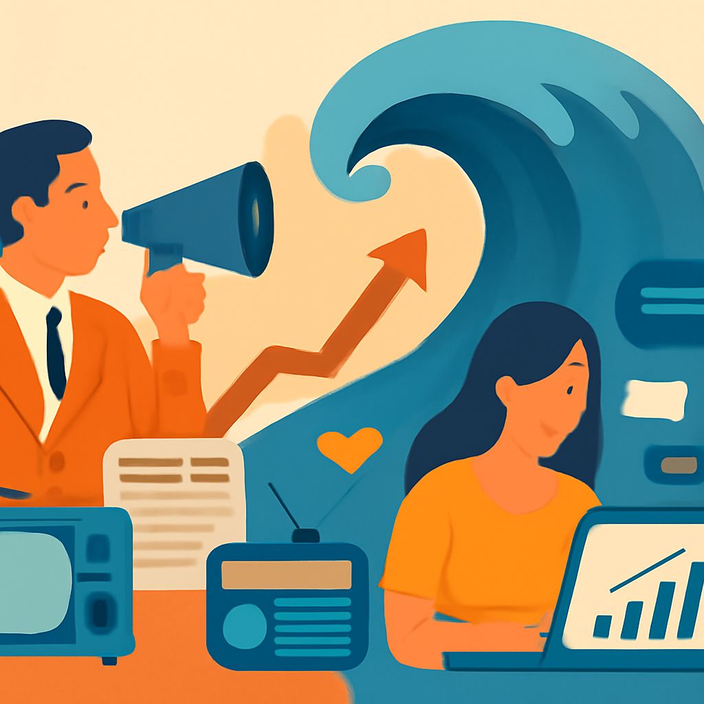 A man in an orange suit uses a megaphone while a woman in an orange shirt works on a laptop, surrounded by media icons.