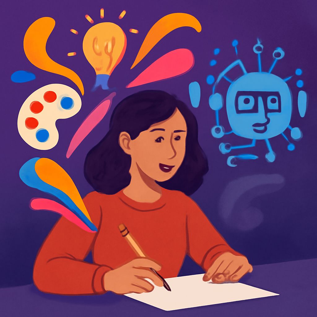 A woman in a red sweater sketches on paper, surrounded by colorful creative elements like paint palettes and lightbulbs.