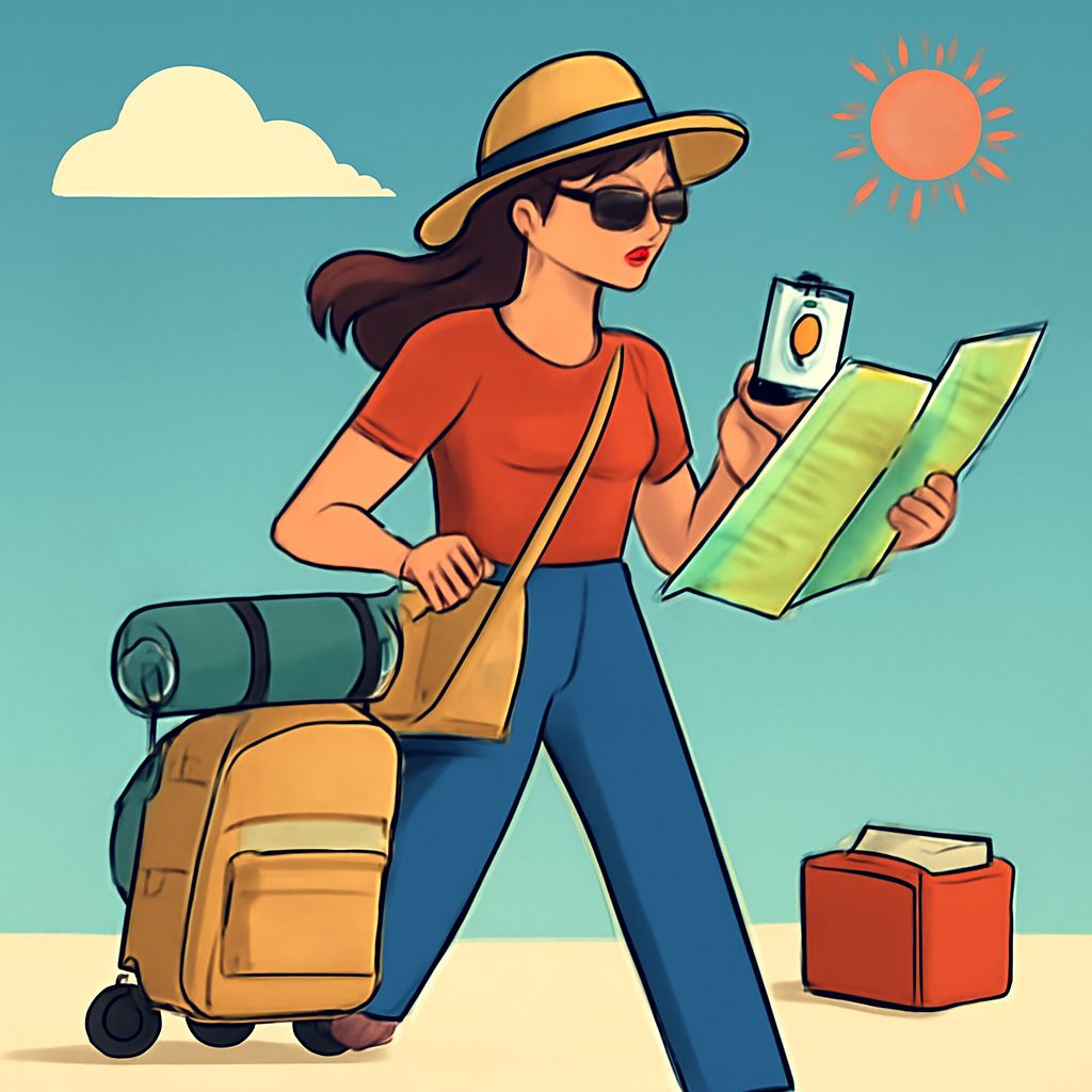 A woman in sunglasses and a hat carries a backpack and a rolled sleeping bag while studying a map under a bright sun.