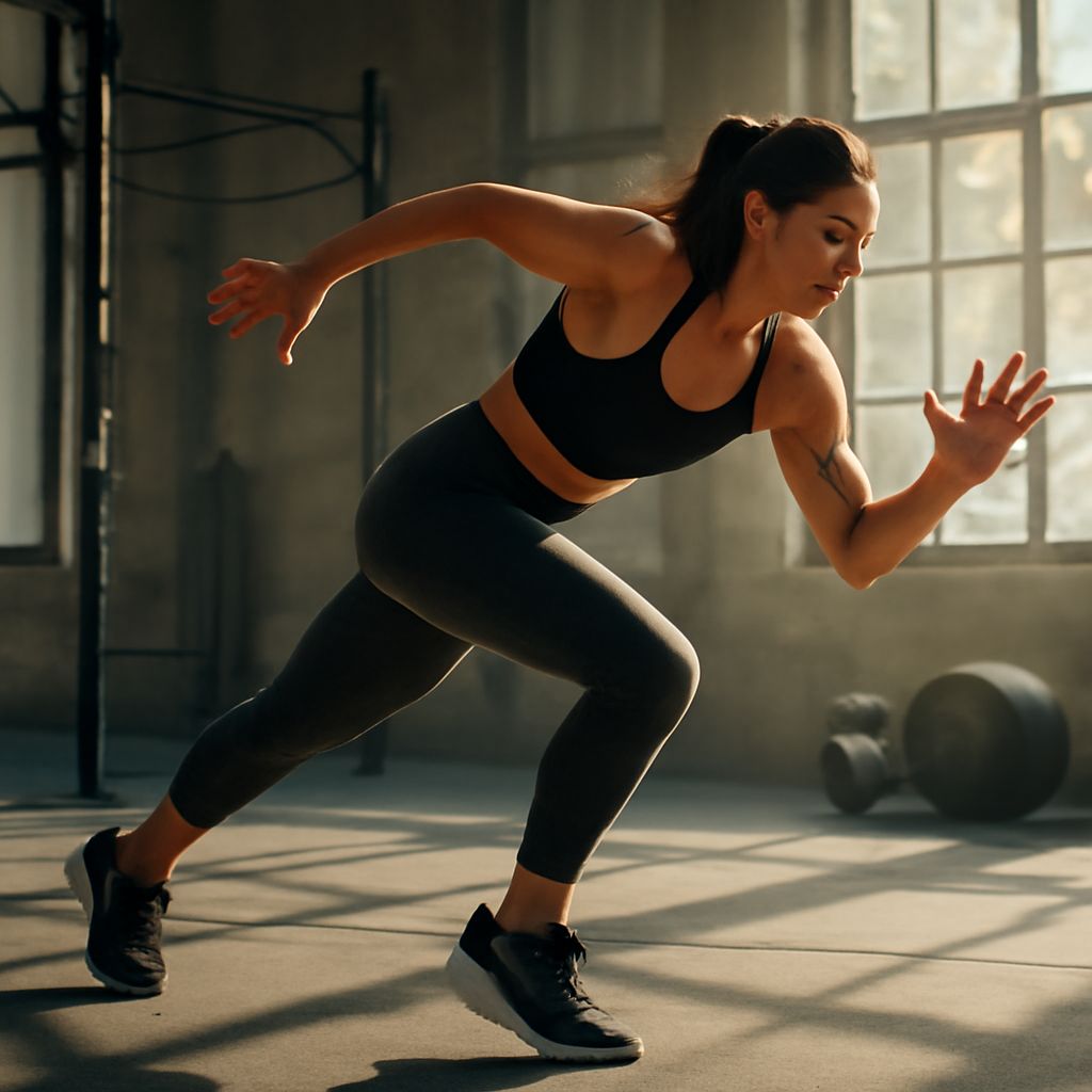 A woman in a black sports bra and leggings sprints forward in a sunlit gym with weights in the background.