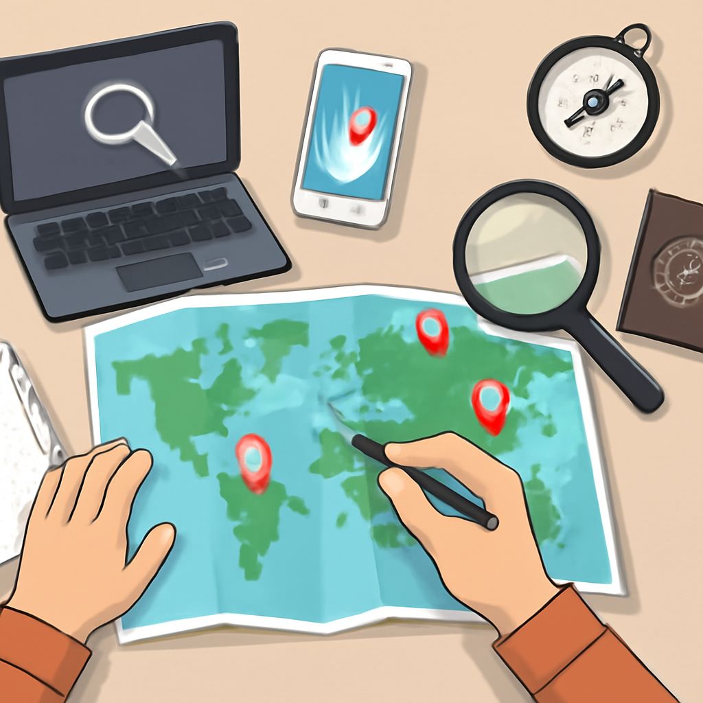 A person marks locations on a world map using a pen, surrounded by a laptop, smartphone, compass, and magnifying glass.
