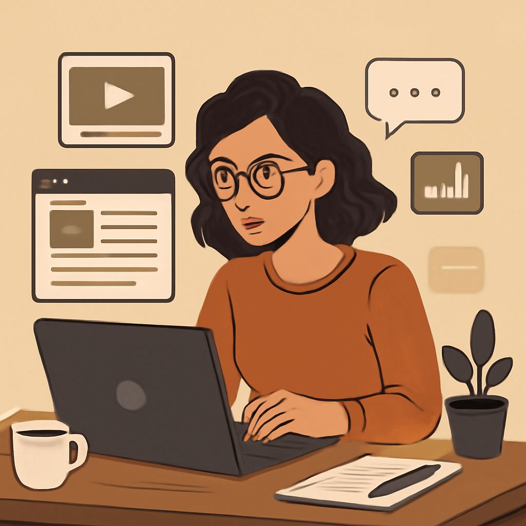 A woman with curly hair and glasses types on a laptop, surrounded by digital icons and a coffee cup on her desk.