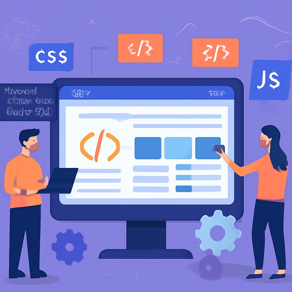 A man with a laptop and a woman interacting with a large computer screen displaying code and web design elements.