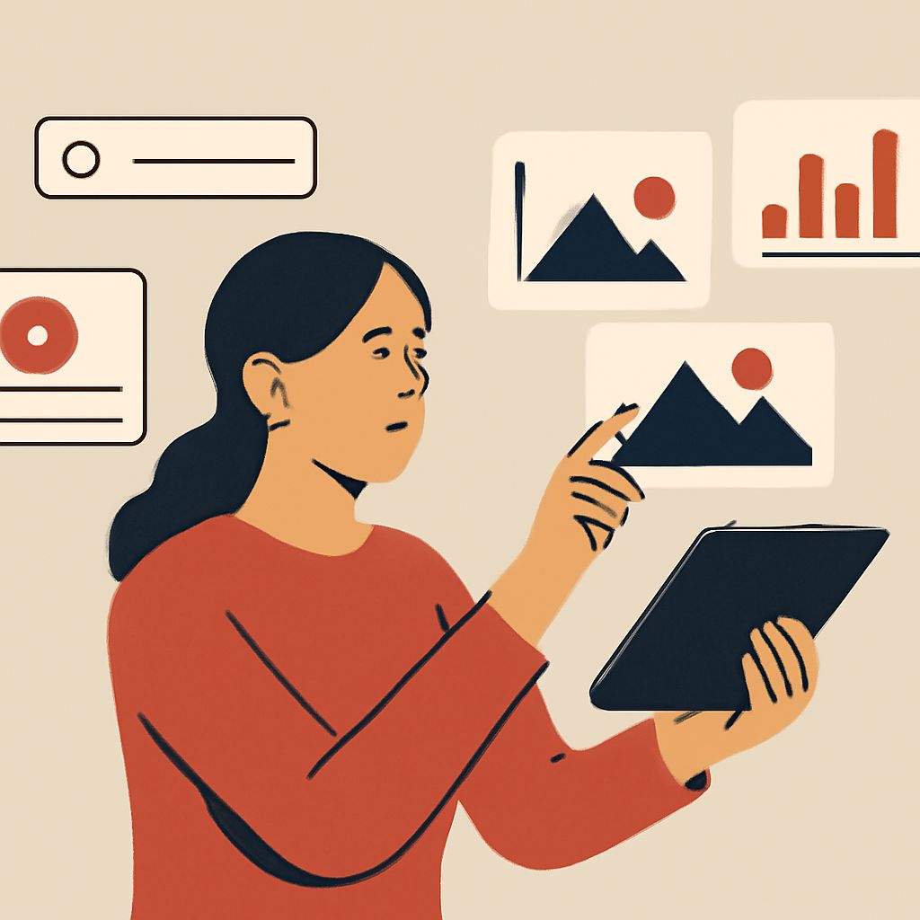 A woman in a red sweater examines images on a tablet, surrounded by graphic displays of charts and pictures.