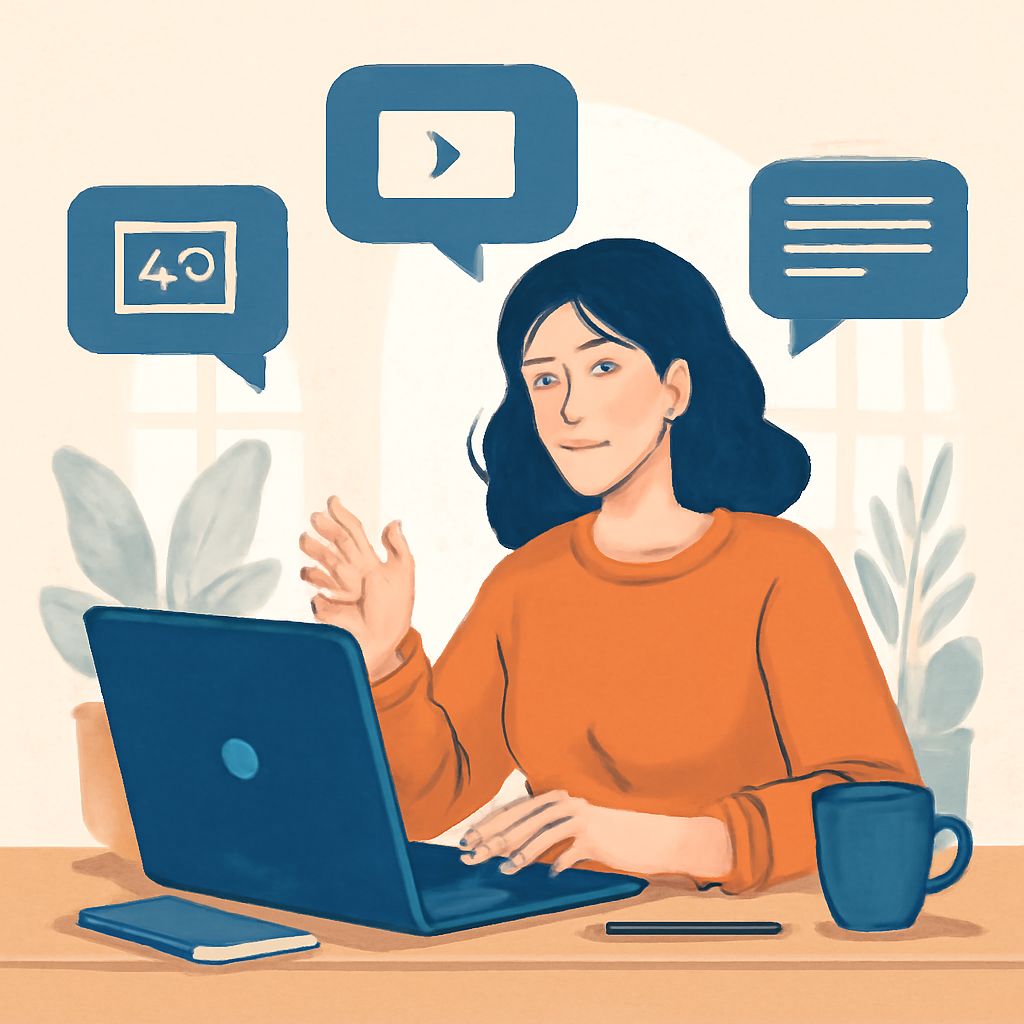 A woman with dark hair in an orange sweater gestures while working on a laptop, surrounded by chat bubbles and plants.