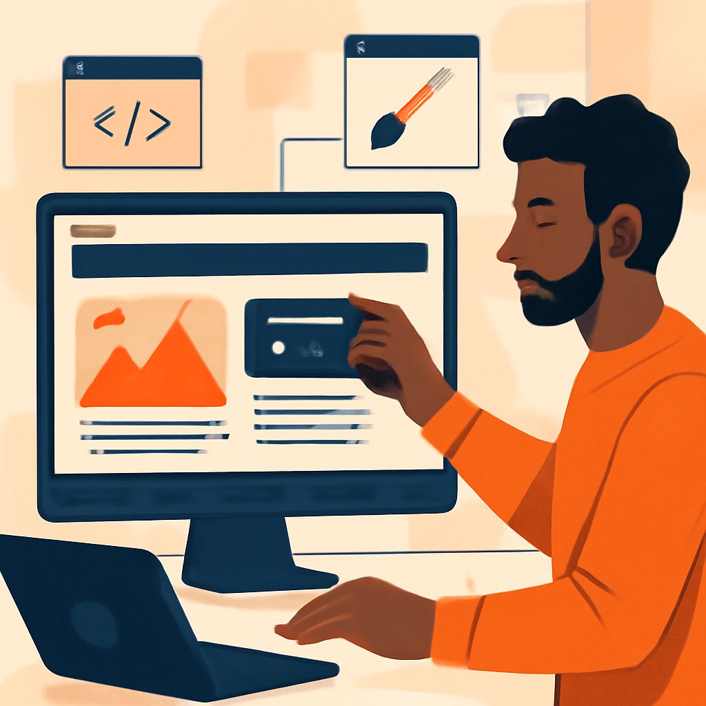 A man in an orange shirt interacts with a computer screen displaying design elements and coding symbols.