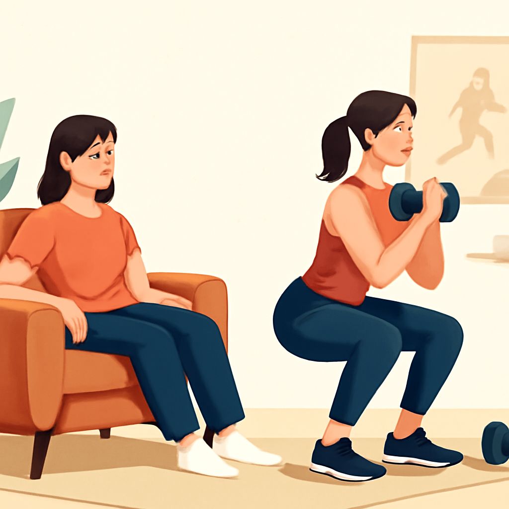 A woman in workout clothes squats with dumbbells while another woman sits on a couch, looking contemplative.
