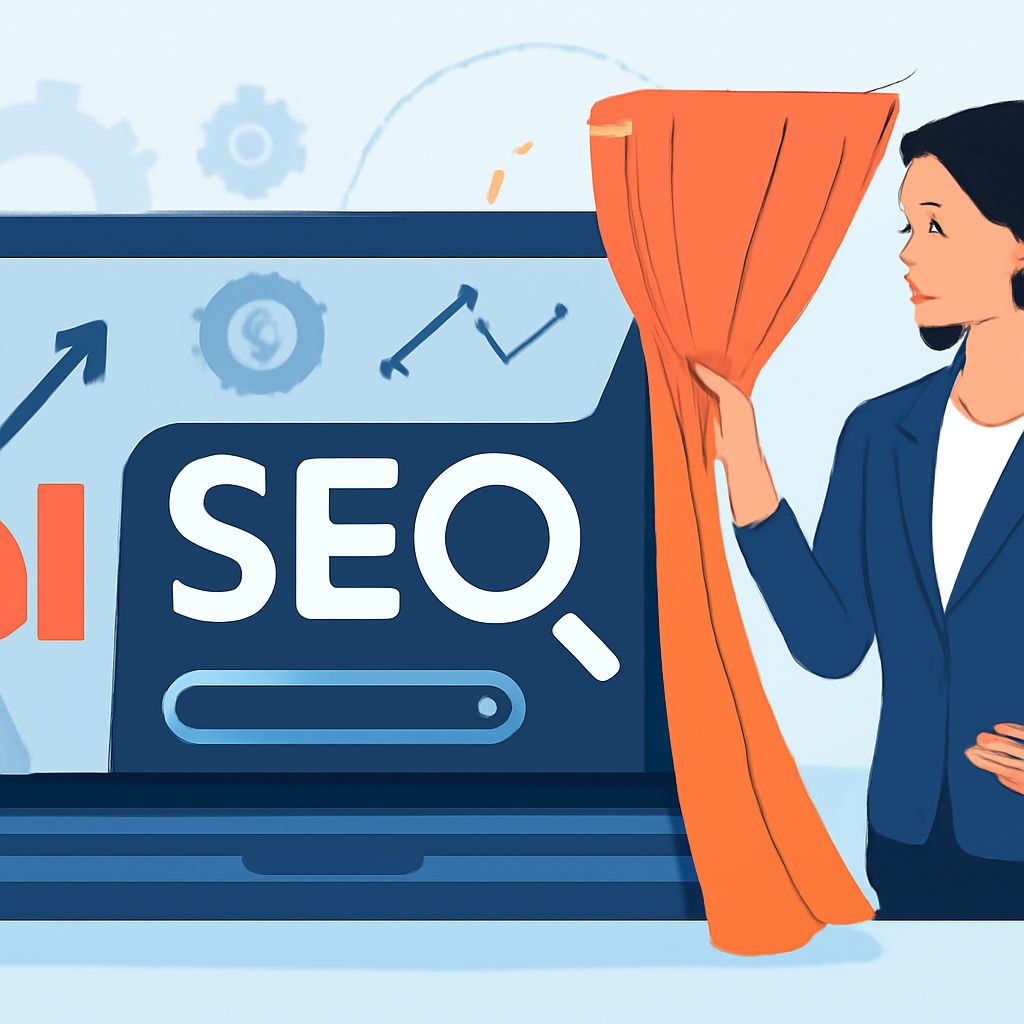 A woman in a blazer pulls back a curtain to reveal a laptop screen displaying "SEO" and various graphs.