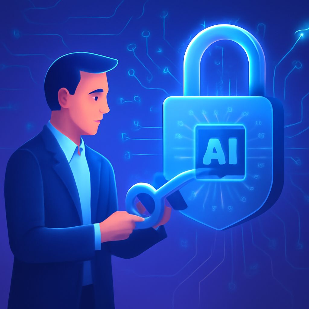 A man in a suit holds a key near a glowing blue padlock labeled "AI" against a digital circuit background.