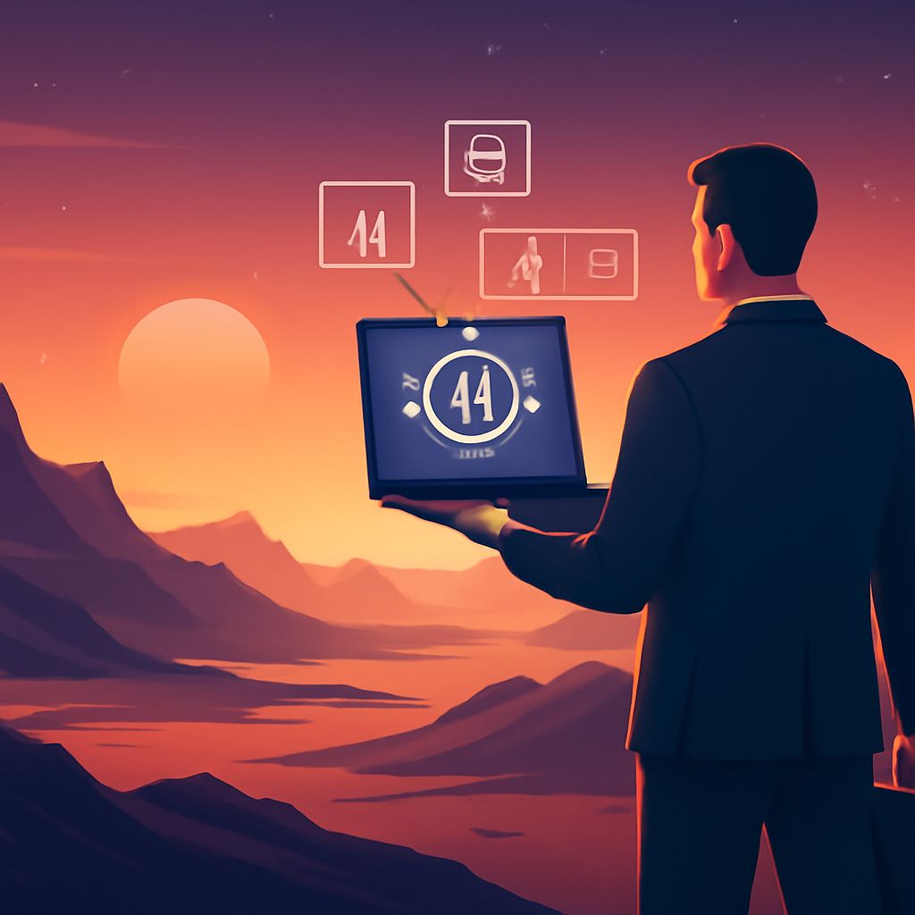 A man in a suit stands on a mountain overlooking a sunset, holding a laptop displaying various data icons.