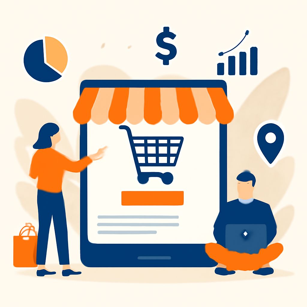 A woman in an orange shirt points at a digital shopping cart on a tablet while a man sits with a laptop nearby.