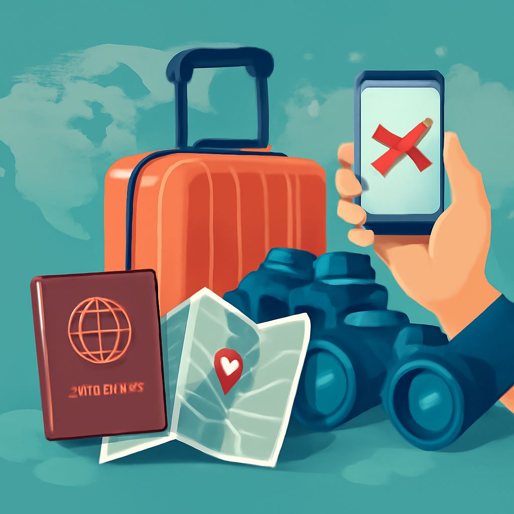A hand holds a smartphone displaying a red cross, surrounded by a suitcase, binoculars, a passport, and a map.