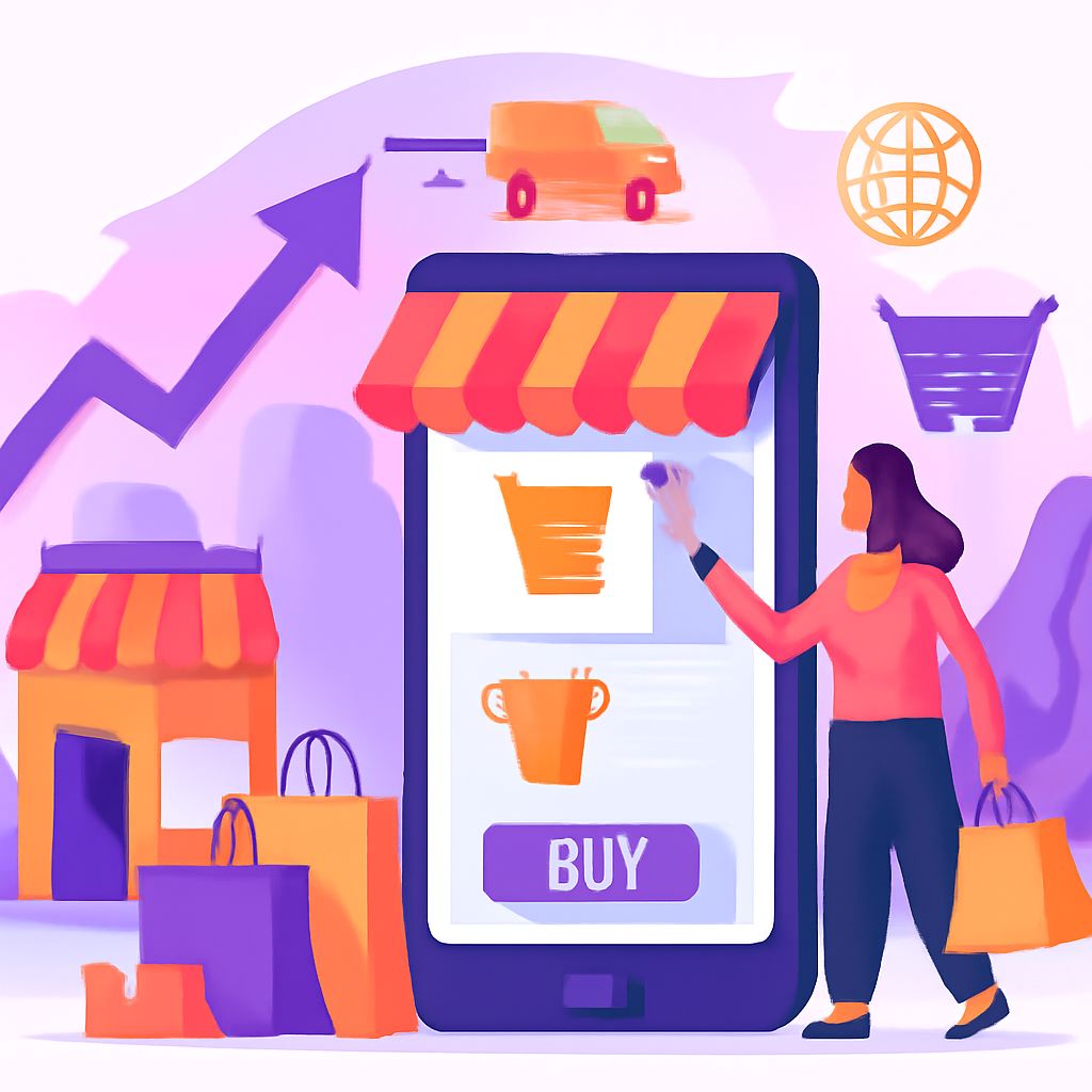 A woman in a pink sweater interacts with a smartphone displaying a shopping interface, surrounded by shopping bags and s