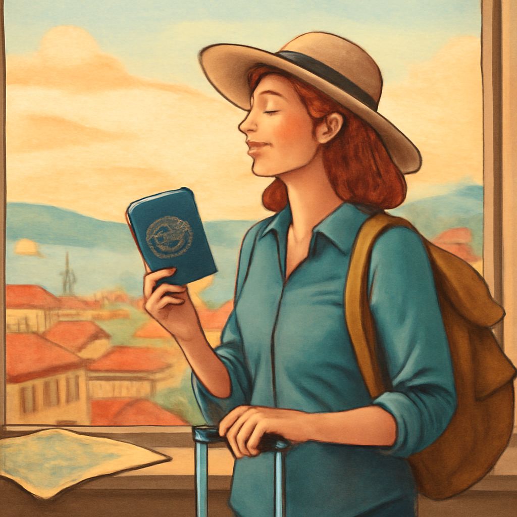 A woman with red hair and a straw hat holds a blue passport, gazing out a window at a scenic landscape.