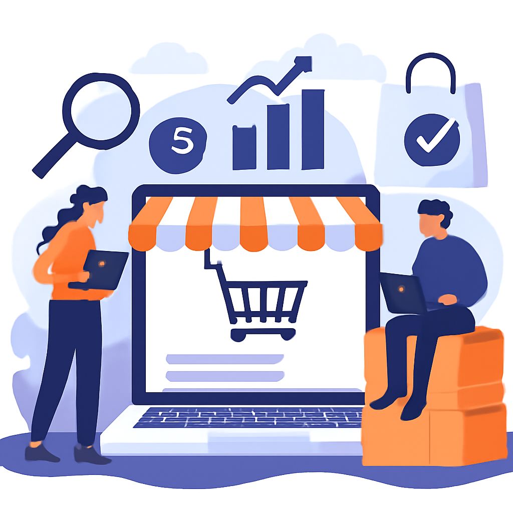 A woman and a man work on laptops beside an open online shopping site, with icons representing search and analytics.