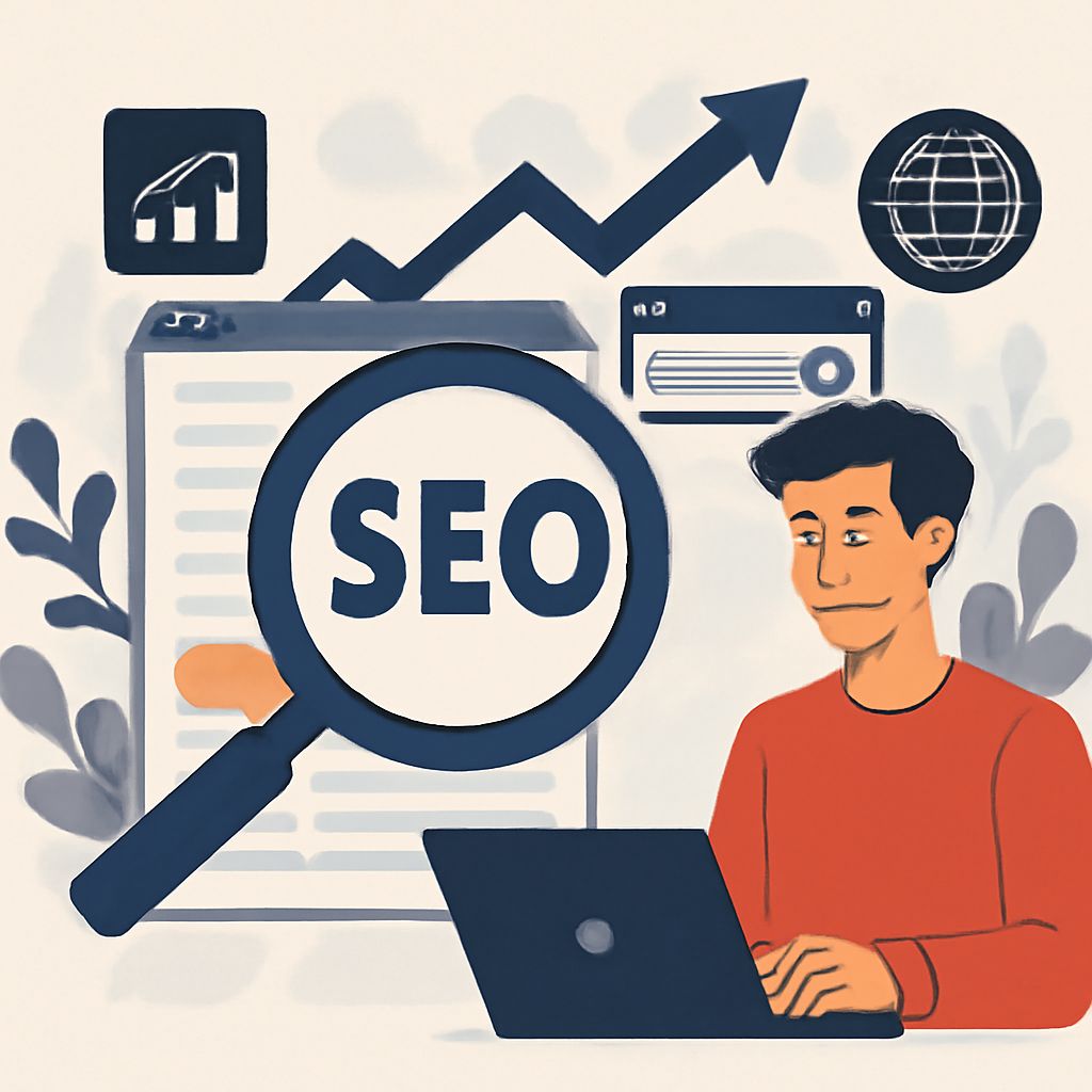 A young man in a red shirt analyzes SEO data on a laptop, surrounded by graphs and icons representing digital marketing.