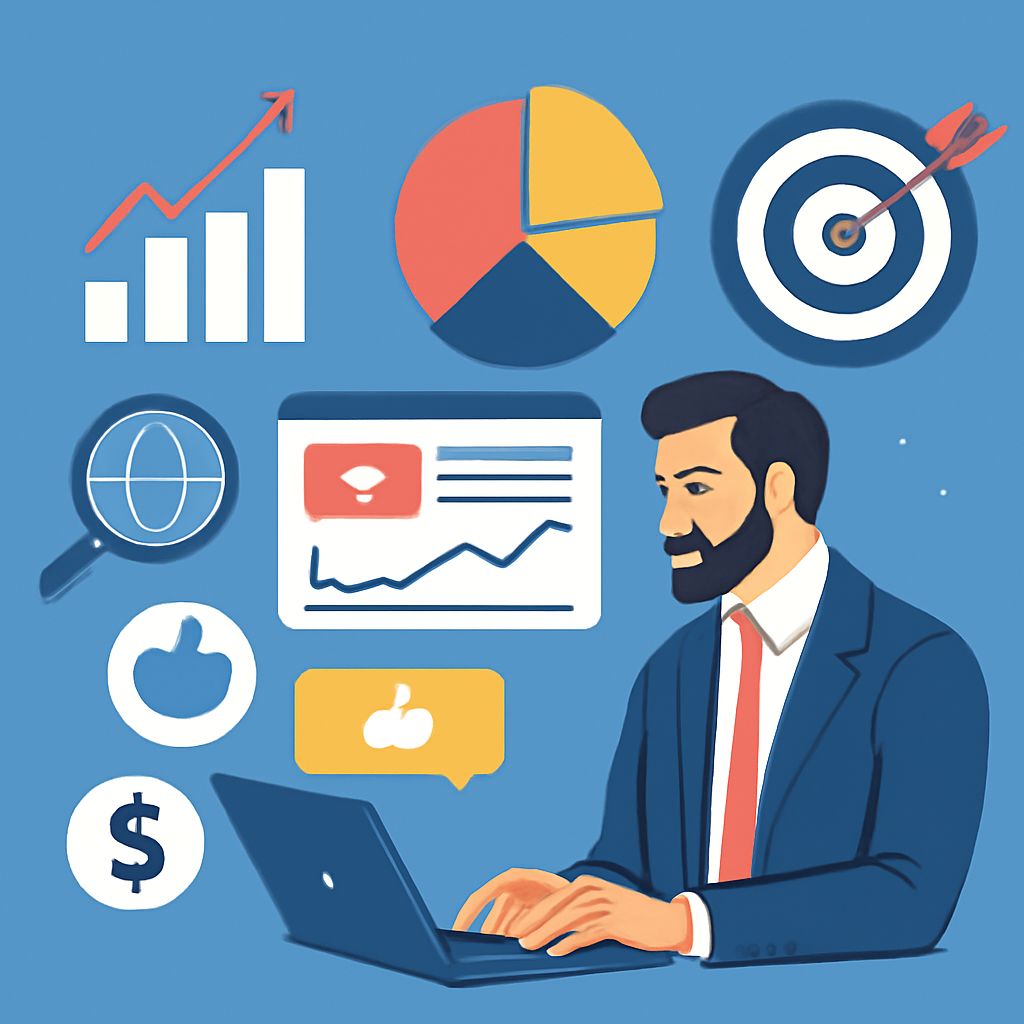 A man in a suit works on a laptop surrounded by graphs, charts, and icons representing data analysis and marketing.