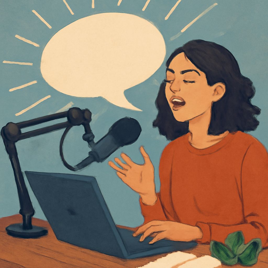 A woman with curly hair speaks animatedly into a microphone while sitting at a laptop, surrounded by a light blue backgr