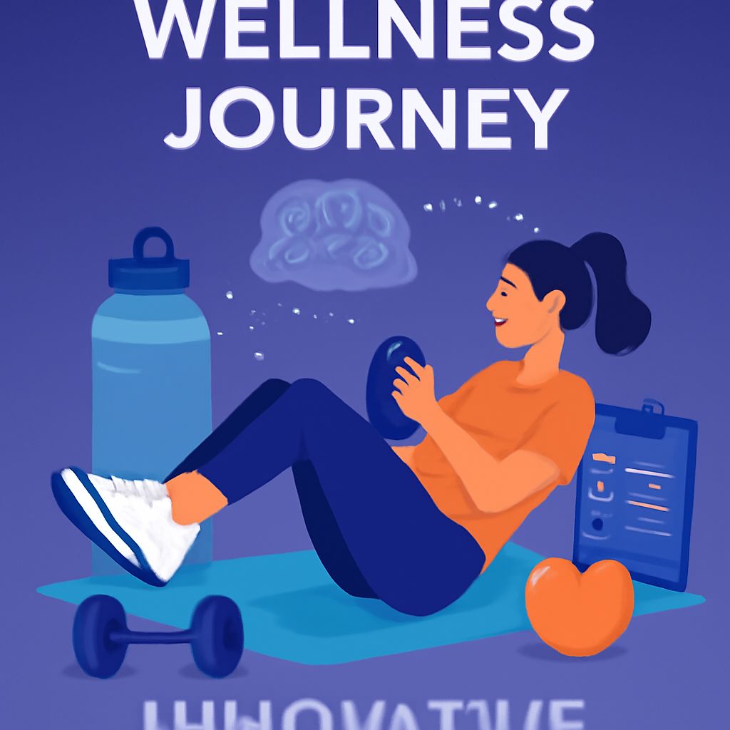 A woman in an orange shirt performs a crunch on a yoga mat, surrounded by a water bottle, weights, and wellness tools.