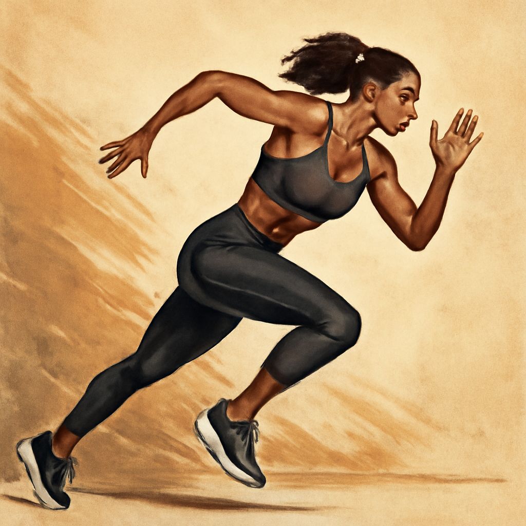 A muscular woman in a black sports outfit sprints forward against a warm, textured background.