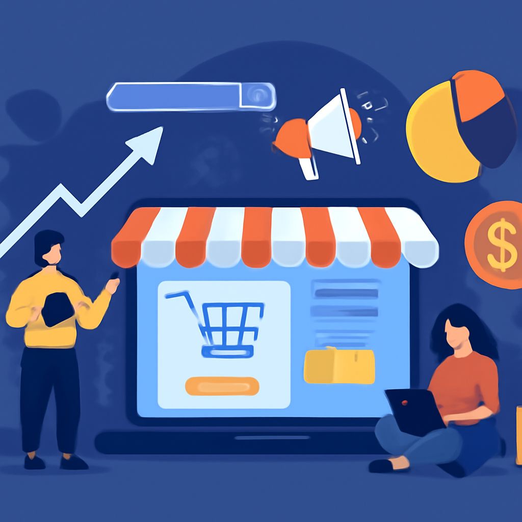 A person in a yellow shirt stands next to a laptop displaying an online store, while another person sits with a tablet.