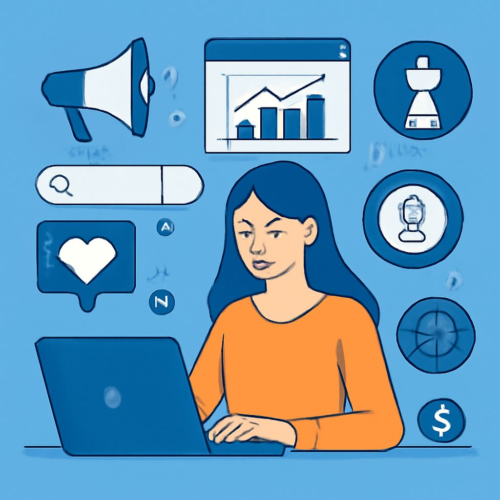 A woman with long dark hair sits at a laptop, surrounded by icons representing analytics, social media, and marketing.