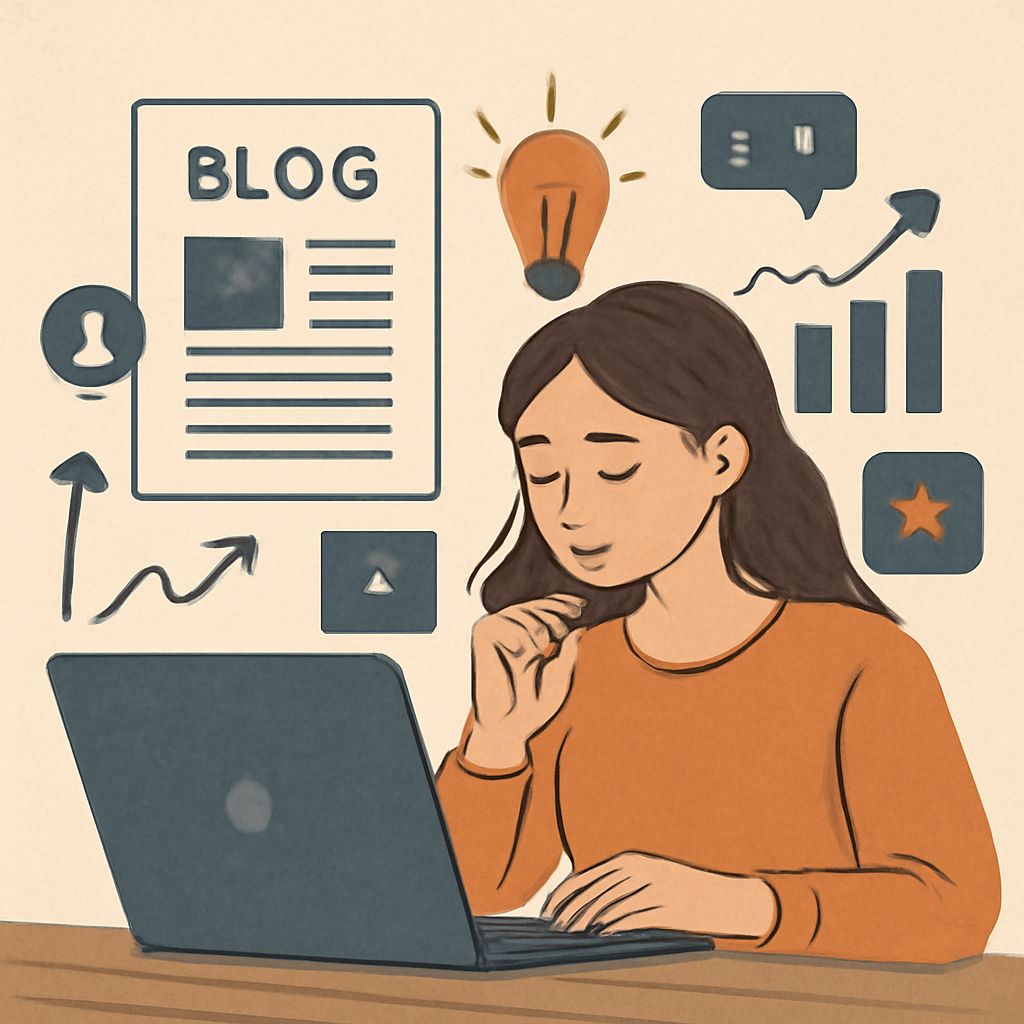 A woman in an orange sweater sits at a laptop, contemplating ideas for a blog surrounded by icons representing creativit