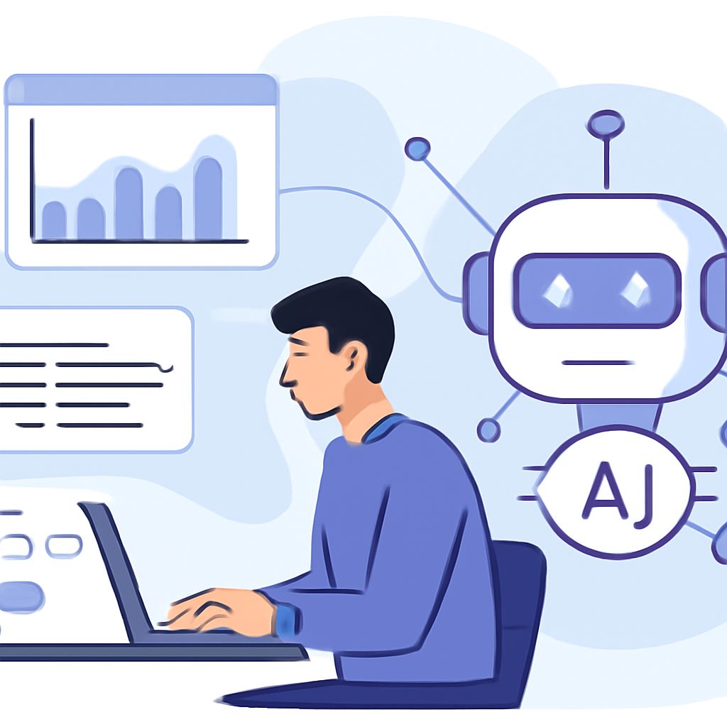 A man in a blue sweater types on a laptop, surrounded by graphs and a friendly robot labeled "AJ.