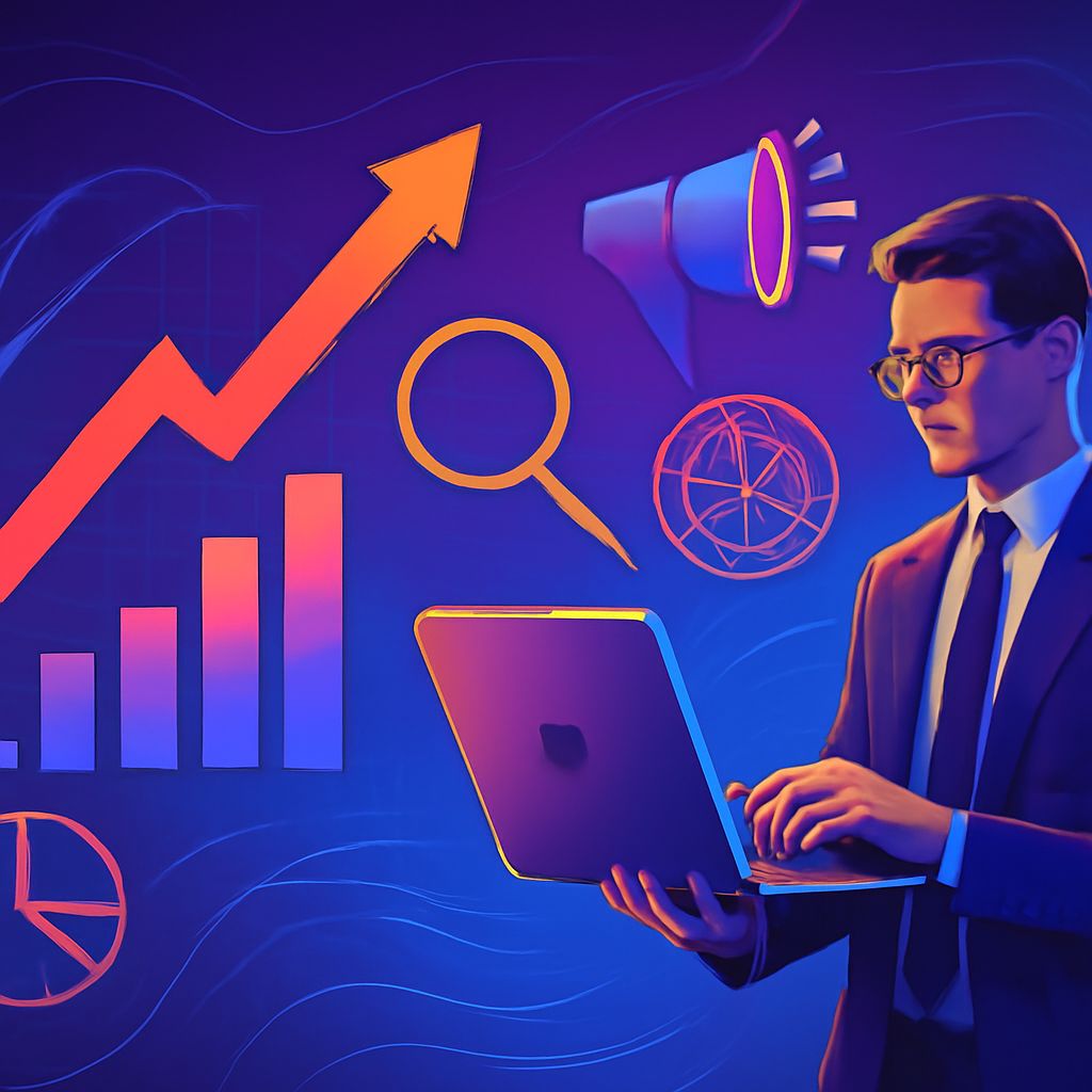 A businessman in a suit analyzes data on a laptop, surrounded by colorful graphics of growth charts and marketing symbol
