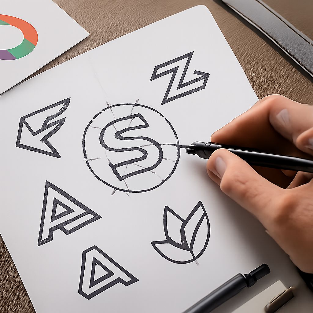A hand is sketching a logo with an "S" at its center, surrounded by various geometric shapes on a white paper.