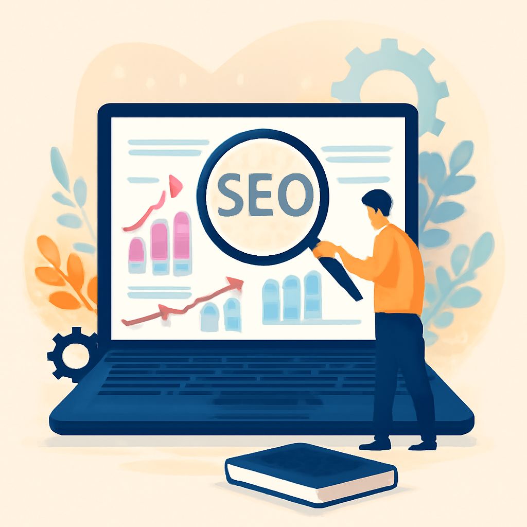 A man in an orange shirt examines SEO data on a laptop screen, surrounded by graphs and gears.