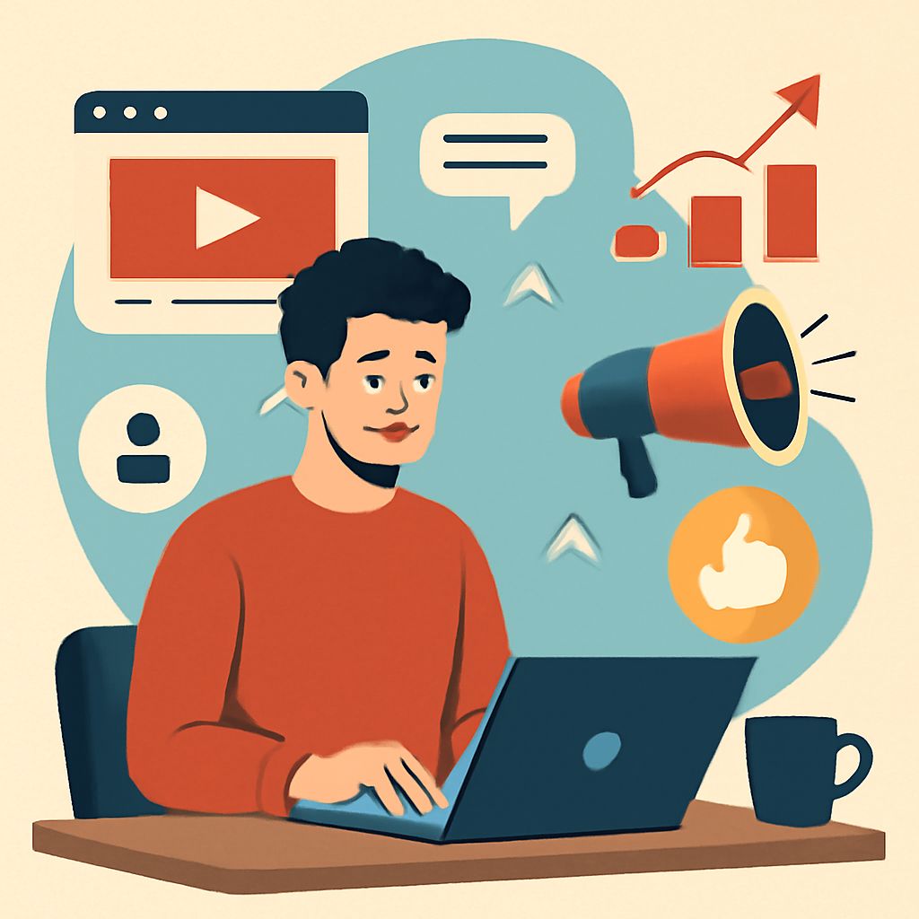 A young man in a red sweater works on a laptop, surrounded by icons representing social media and analytics.